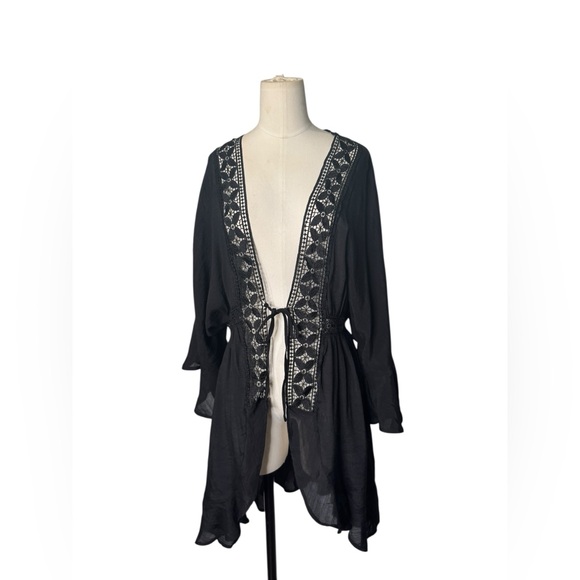 Love Tree Black Lace Trim Open-Front Kimono Cardigan | Boho Flowy Lightweight - Picture 2 of 8